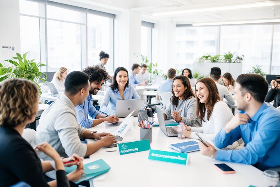 Diverse employees collaborating in a bright office focused on employee experience and culture