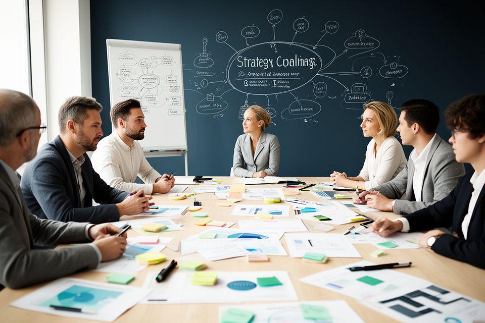 Strategy workshop with charts and sticky notes representing organizational development planning