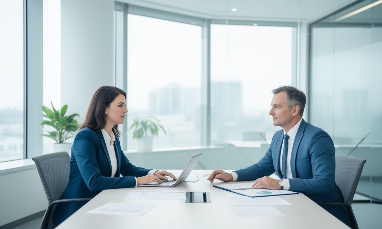 HR consultant speaking with a client in a modern office