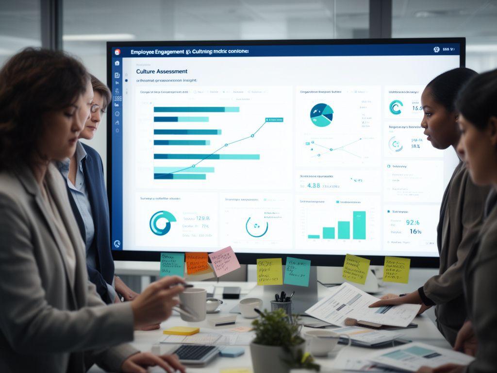 HR professionals reviewing employee engagement and culture metrics on a digital dashboard
