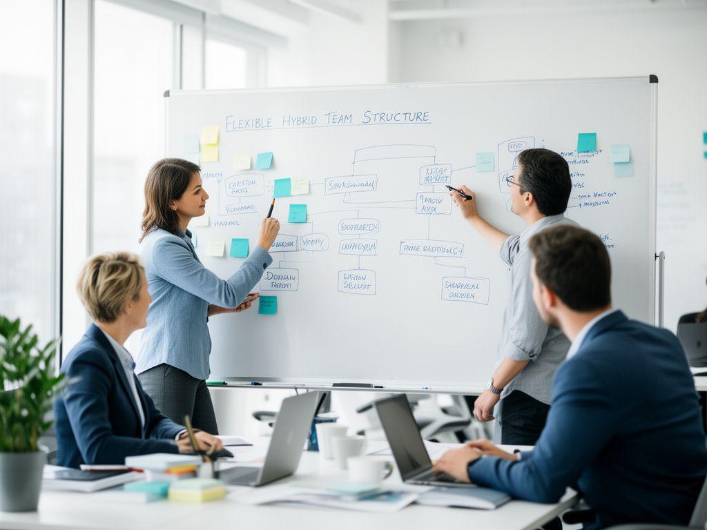 Consultants mapping a flexible hybrid team structure on a whiteboard in a bright office