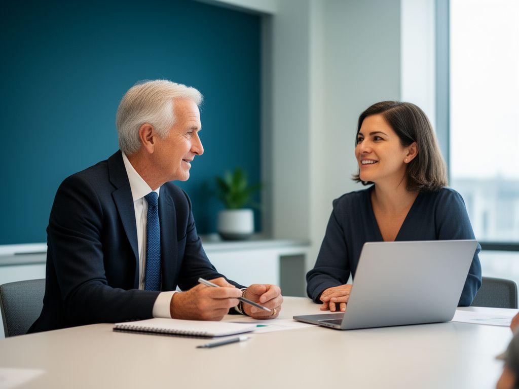 Senior leader coaching a team member during a strategy session in a modern meeting room