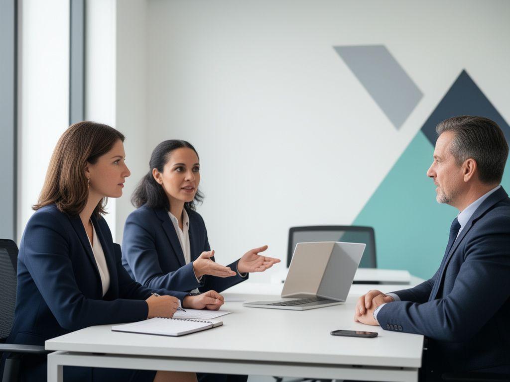 HR leader guiding a performance check-in conversation in a modern office