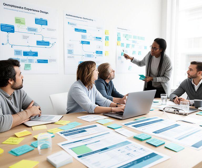 Employee experience workshop with journey mapping boards and collaborative notes