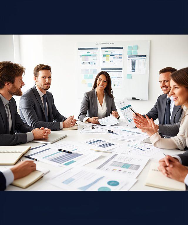 Executive HR strategy workshop with planning documents and team discussion