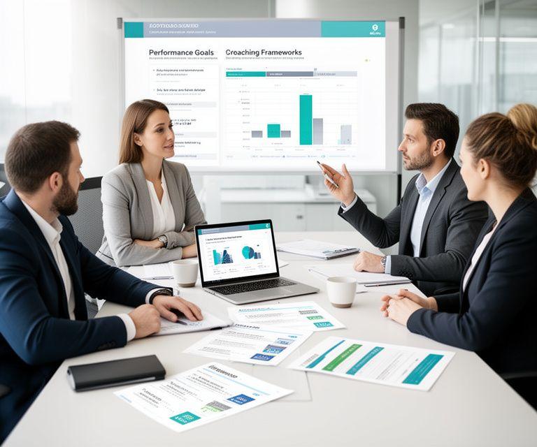 Managers discussing performance goals and coaching frameworks in a modern office