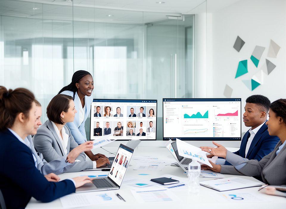 Talent acquisition team reviewing hiring analytics and candidate profiles in a modern office